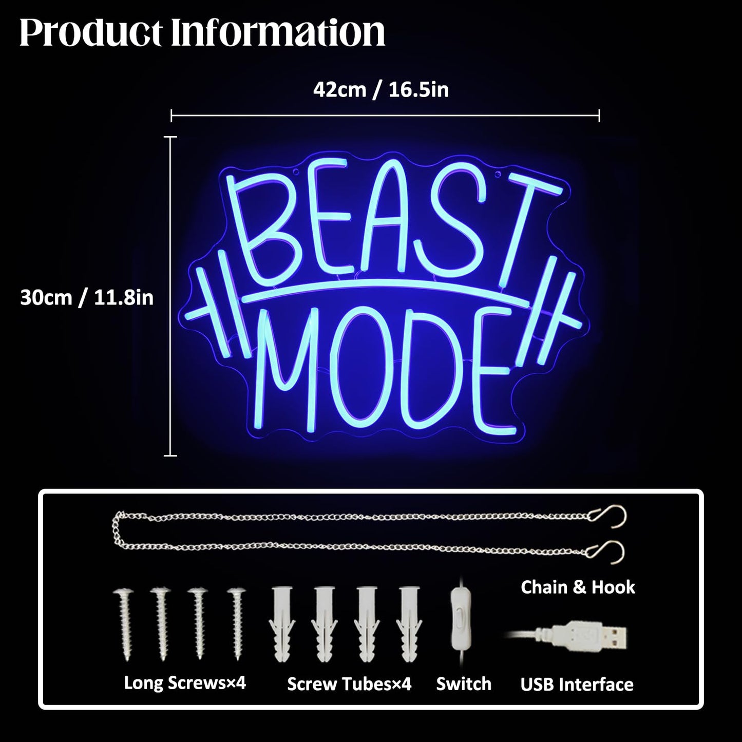 CKTBLEY Beast Mode Neon Sign Blue Letter Neon Gym Signs Motivational Wall Art Gym Decor Barbell LED Neon Lights Signs Dumbbell Neon Light for Bedroom Gym Sports Room Man Cave Decor