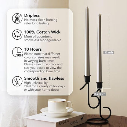 12-Inch Tall Dripless Taper Candles Set of 4 - Silver Tapered Candles, Perfect for Wedding,Christmas - Smokeless, Unscented, Long Burning - Hand Poured, Colored Tall Candlesticks - Plata