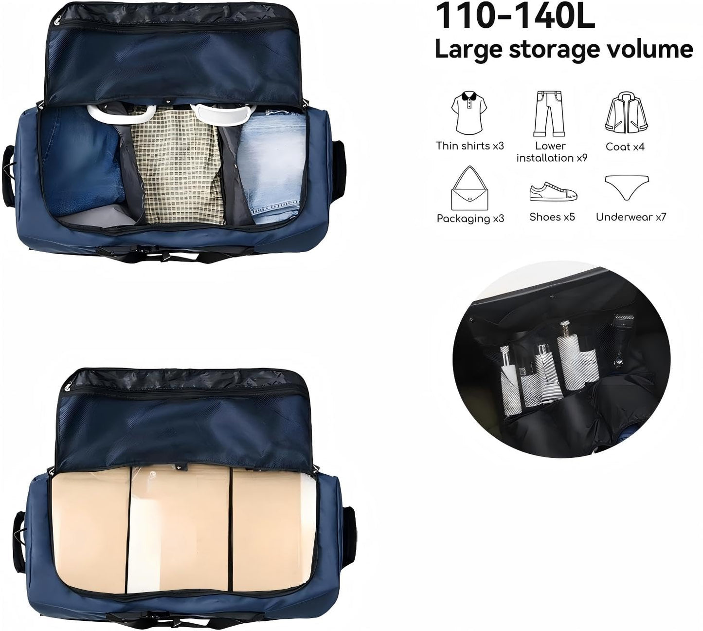 XWFB Rolling Duffle Bag with Wheels,110L/140L Expandable Soft-Sided Foldable Duffle Bag with 2 Rubber Wheels,Packable 32” Rolling Carry-On with Multi-Pockets & Compartments (Dark blue)