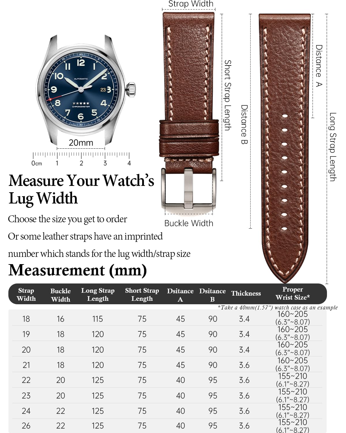 REZERO Leather Watch Straps, Italian Top Grain Leather Watch Band Replacements, Vegetable-Tanned Watch Bracelets for Men, Women 18/19/20/21/22/23/24/26mm