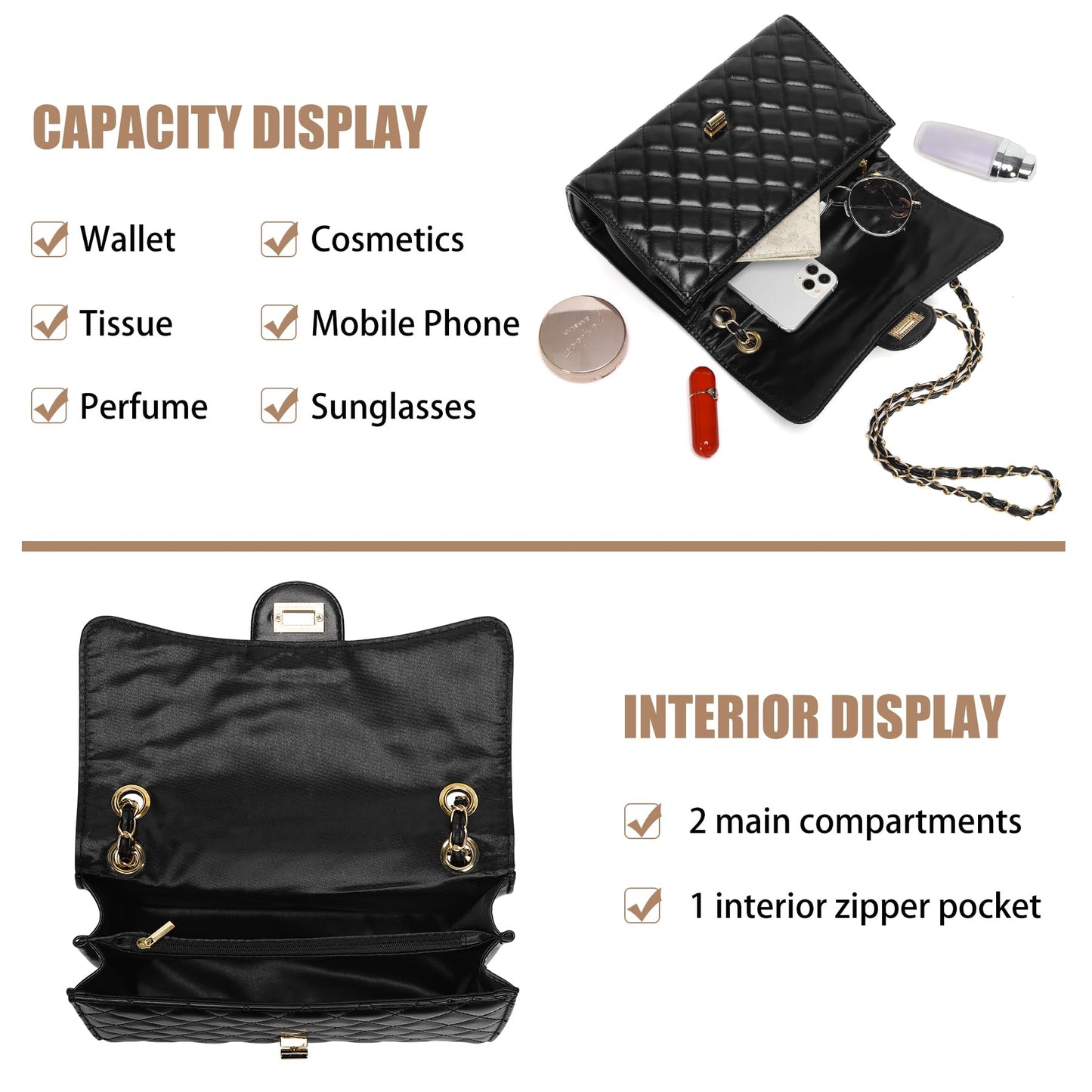 Quilted Crossbody Purse for Women Trendy Ladies Shoulder Bag with Chain Strap PU Leather Cross Body Bags Satchel HandBag,Black