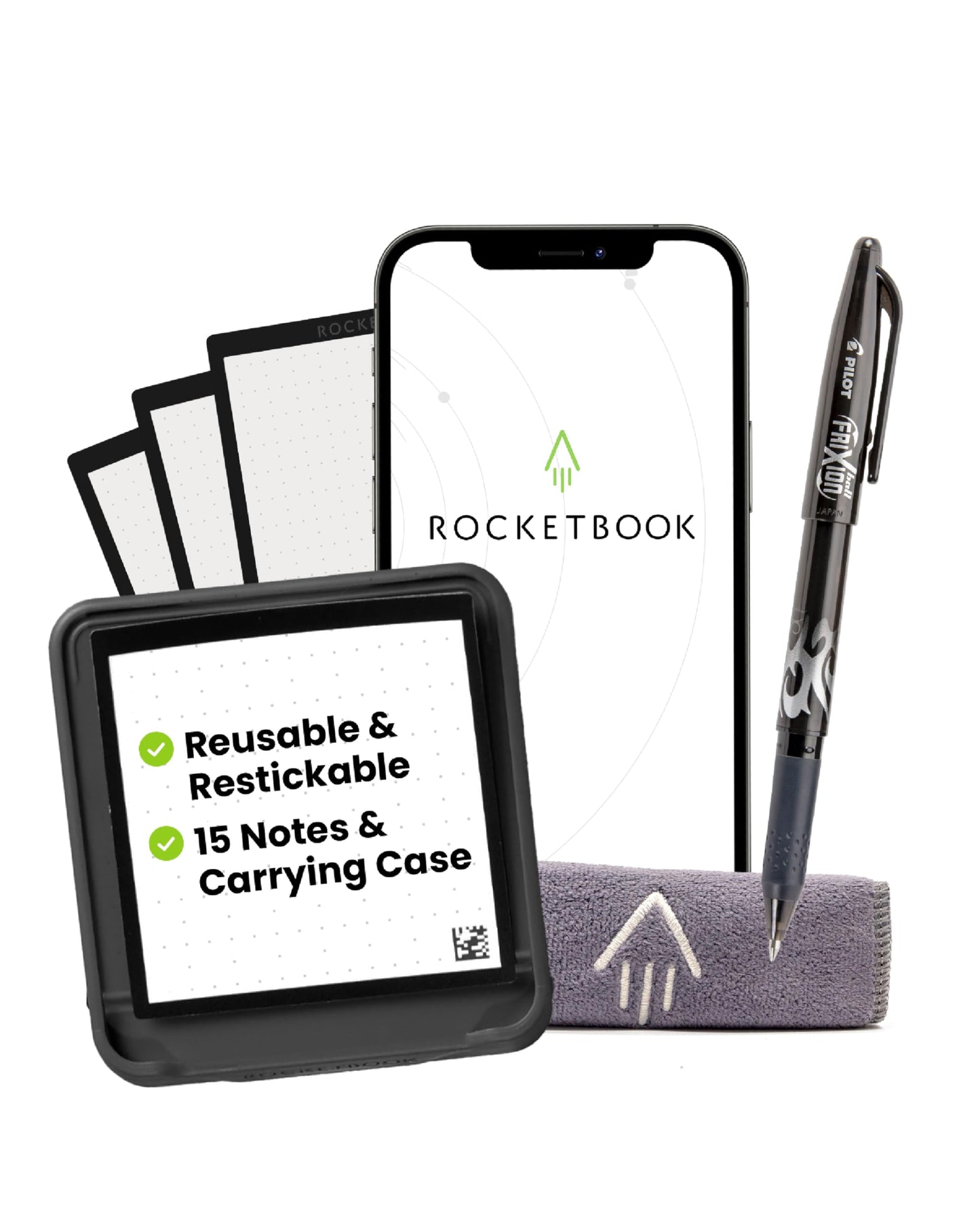 Rocketbook Reusable Sticky Notes Starter Pack, Restick and Reorganize Memo Pads, 3"x3", 15 Black Sticky Notes, Includes Pen, Towel + Carrying Case (Kit of 1)