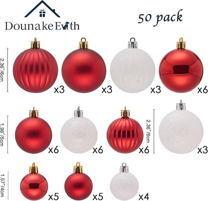 50ct Christmas Balls Ornaments for Xmas Tree, Red and White Shatterproof Christmas Tree Decorations Hanging Ball for Holiday Party Decor(1.57"-2.36")