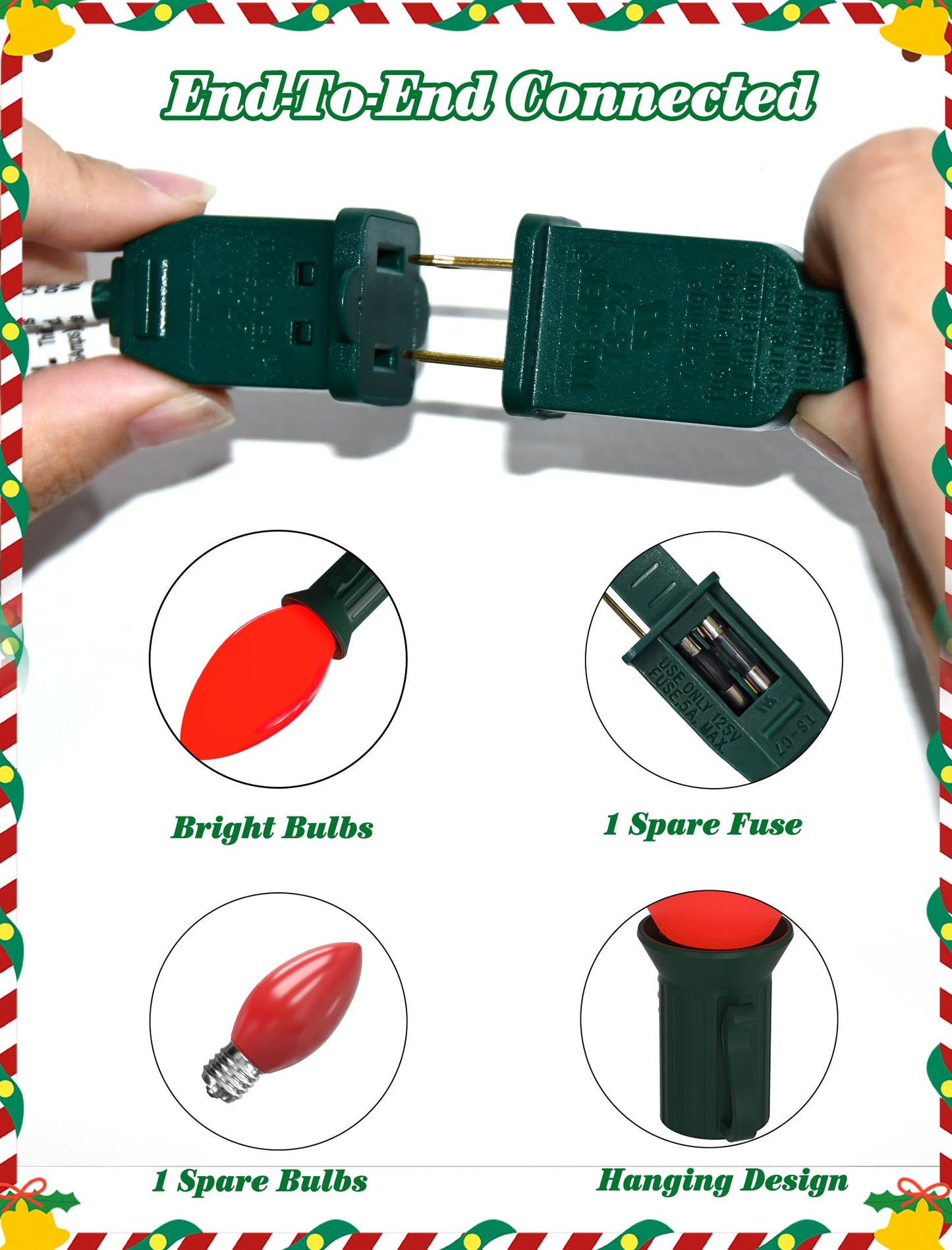 C9 LED Red and White Christmas Lights, 25ft C9 Outdoor Christmas Lights with 25 LED Red and White Plastic Bulbs, Outdoor String Lights for Patio Home Party Yard Xmas Tree Decoration-Green Wire