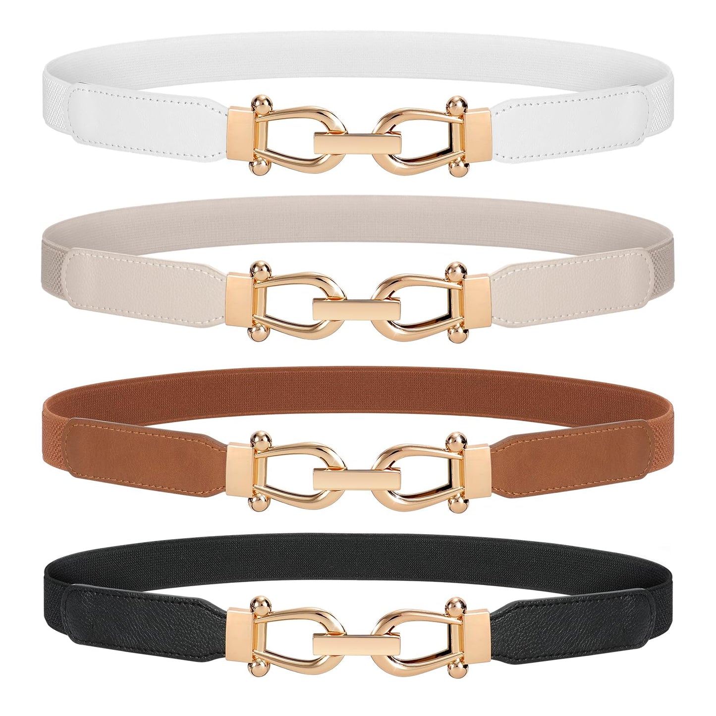 WERFORU Women Skinny Belt for Dresses Retro Stretch Waist Belt with Gold Buckle Set of 4,Black+Brown+White+Beige