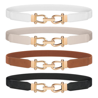 WERFORU Women Skinny Belt for Dresses Retro Stretch Waist Belt with Gold Buckle Set of 4,Black+Brown+White+Beige