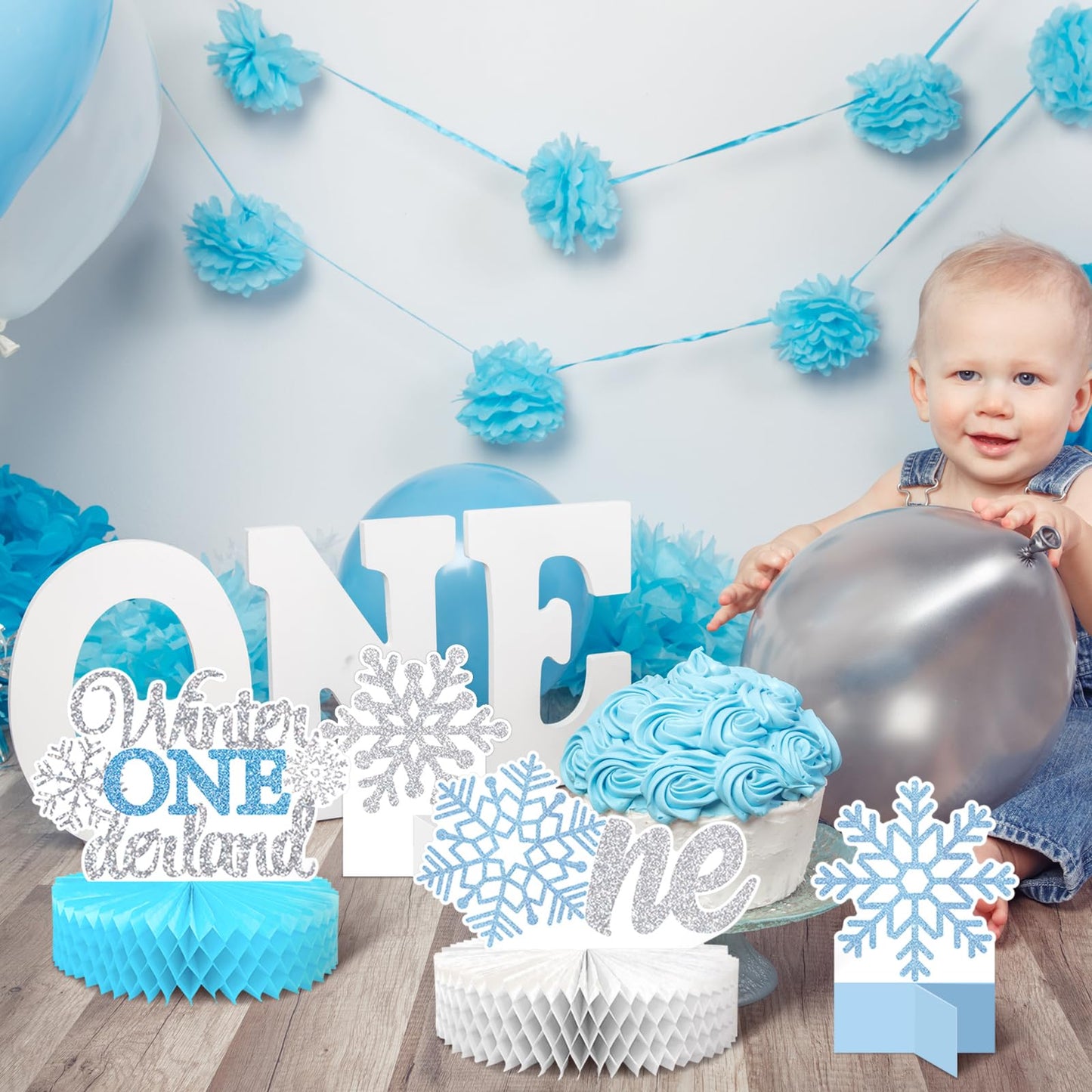 Lincia 12 Pcs Winter Onederland 1st Birthday Decorations Snowflake Honeycomb Blue Wonderland Table Centerpieces for Birthday Party Supplies