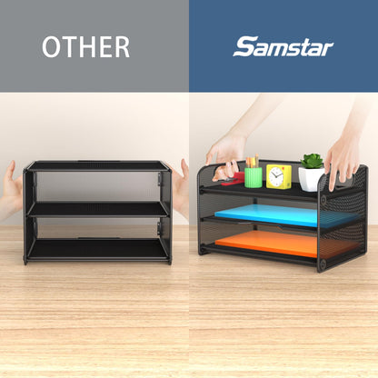 Samstar 3 Tier Letter Tray Paper Organizer with Handle, Mesh Desk Organizer Paper Sorter File Rack Shelves, Black