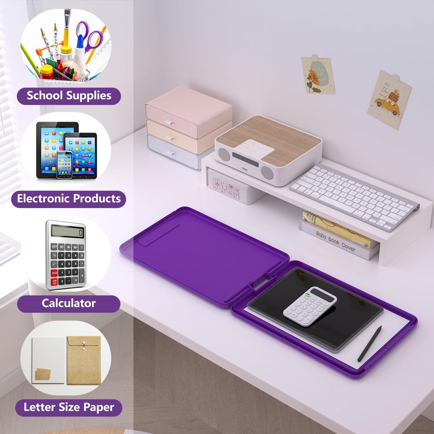 Clipboard with Storage, 8.5 x 11 Storage Clip Board with Low Profile Clip, Heavy Duty Nursing Foldable, Suitable for Classroom, Teacher, Coaches, Office School Supply(Purple)