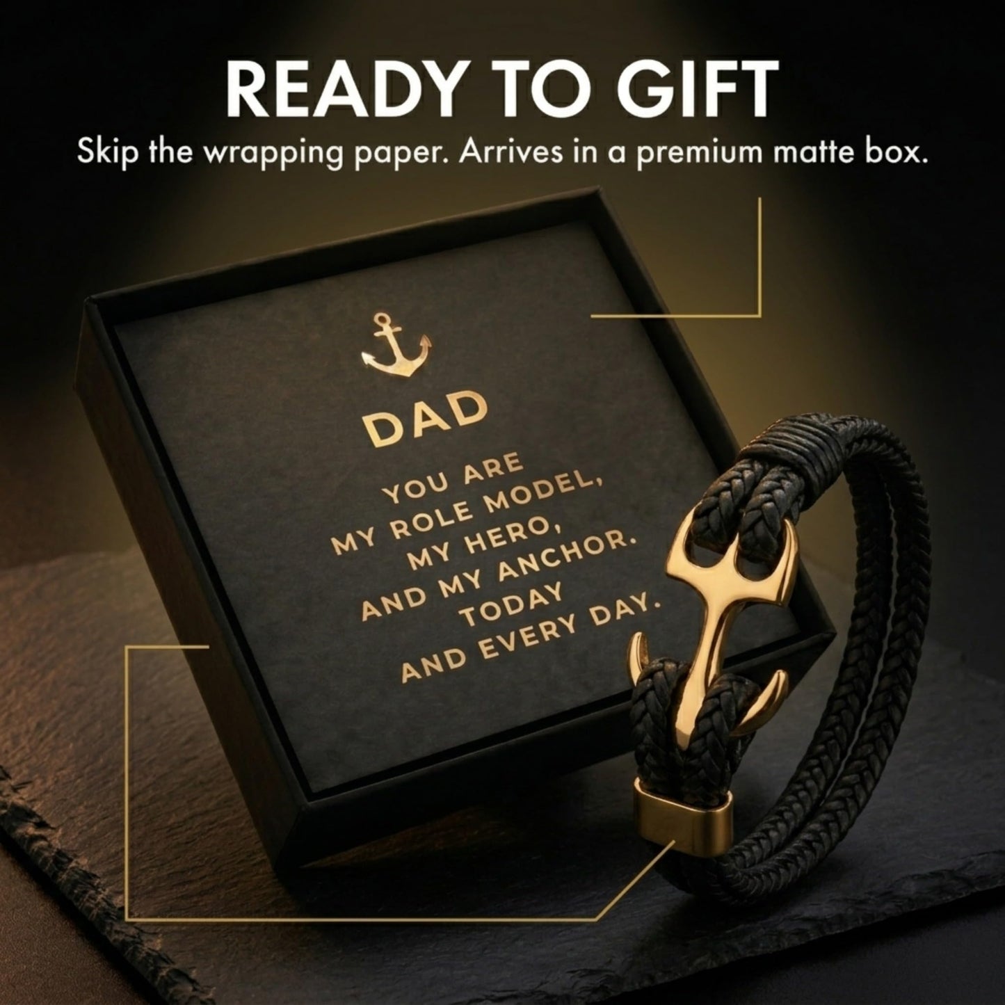 Studio Rockwood Men’s Anchor Bracelet with Gift Box and Card - Braided Leather Wristband - Gift for Dad, Husband, Boyfriend - Father’s Day, Anniversary, Birthday, Valentine’s Day (Gold, Dad)