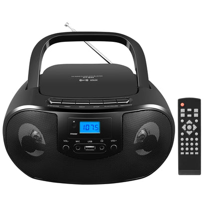 Portable CD Player Boombox with FM Radio, Top Loading CD Stereo Boom Box for Home, Bluetooth, Remote Control, LED Light, Headphone/Mic Jack, Support CD-R/RW/MP3-CD, USB, LCD Display, Black