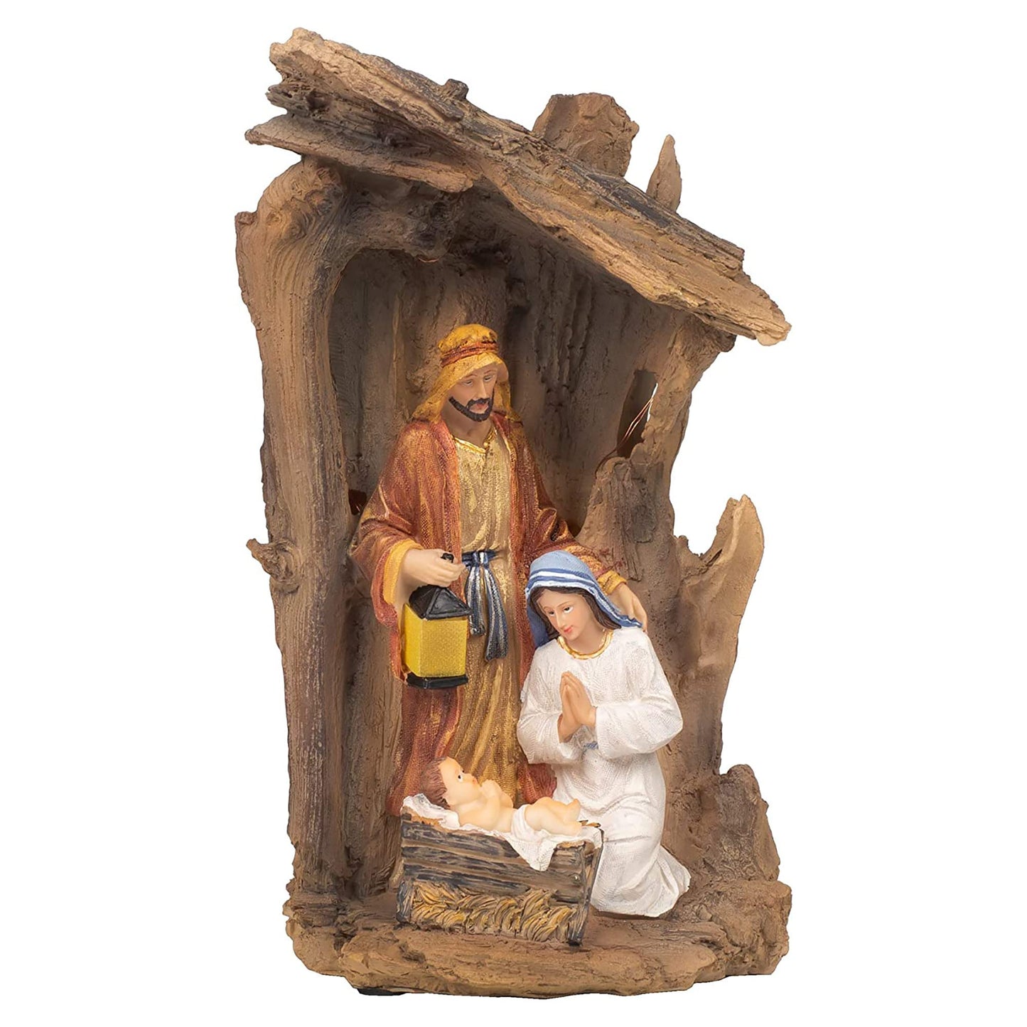 Three Kings Gifts Lighted Holy Family Nativity Scene Christmas Manger Display with LED Lights – Indoor Religious Holiday Décor Featuring Mary, Joseph & Baby Jesus – Rustic Stable Christmas Decoration