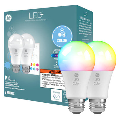 GE LED+ Color Changing LED Light Bulbs with Remote, No App or Wi-Fi Required, A19 Standard Bulbs (2 Pack)