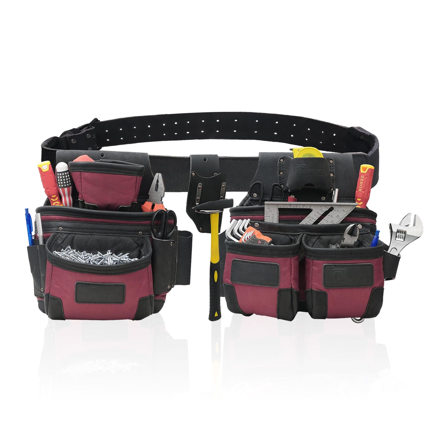 TRUTUCH Nylon and Leather Tool Belt | Framing Tool Bags | Nylon Tool Pouch | Carpenter Tool Belts | Construction | Framers | Electrician Tool Belt (Maroon 1650)