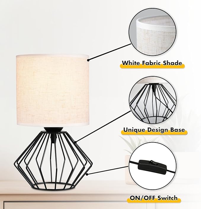 Hamilyeah Bedside Lamps Set of 2, Black Table Lamps with Beige Linen Fabric Shade, Industrial Lamps for Night Stands with On/Off Switch, Modern Simple Desk Lamps for Bedroom, Living Room