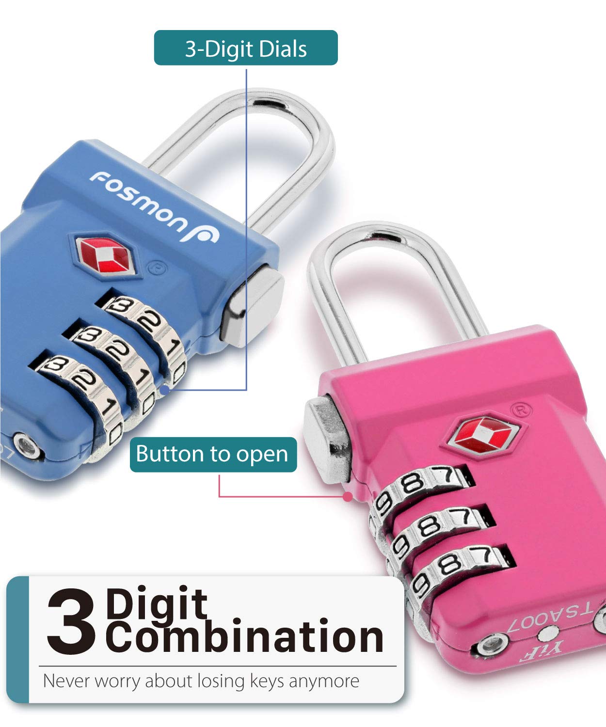 Fosmon TSA Approved Luggage Locks, Suitcase Travel Lock with Push Release Button, 3 Digit Combination Padlock for Gym Locker, Backpack Zipper- 4 Pack