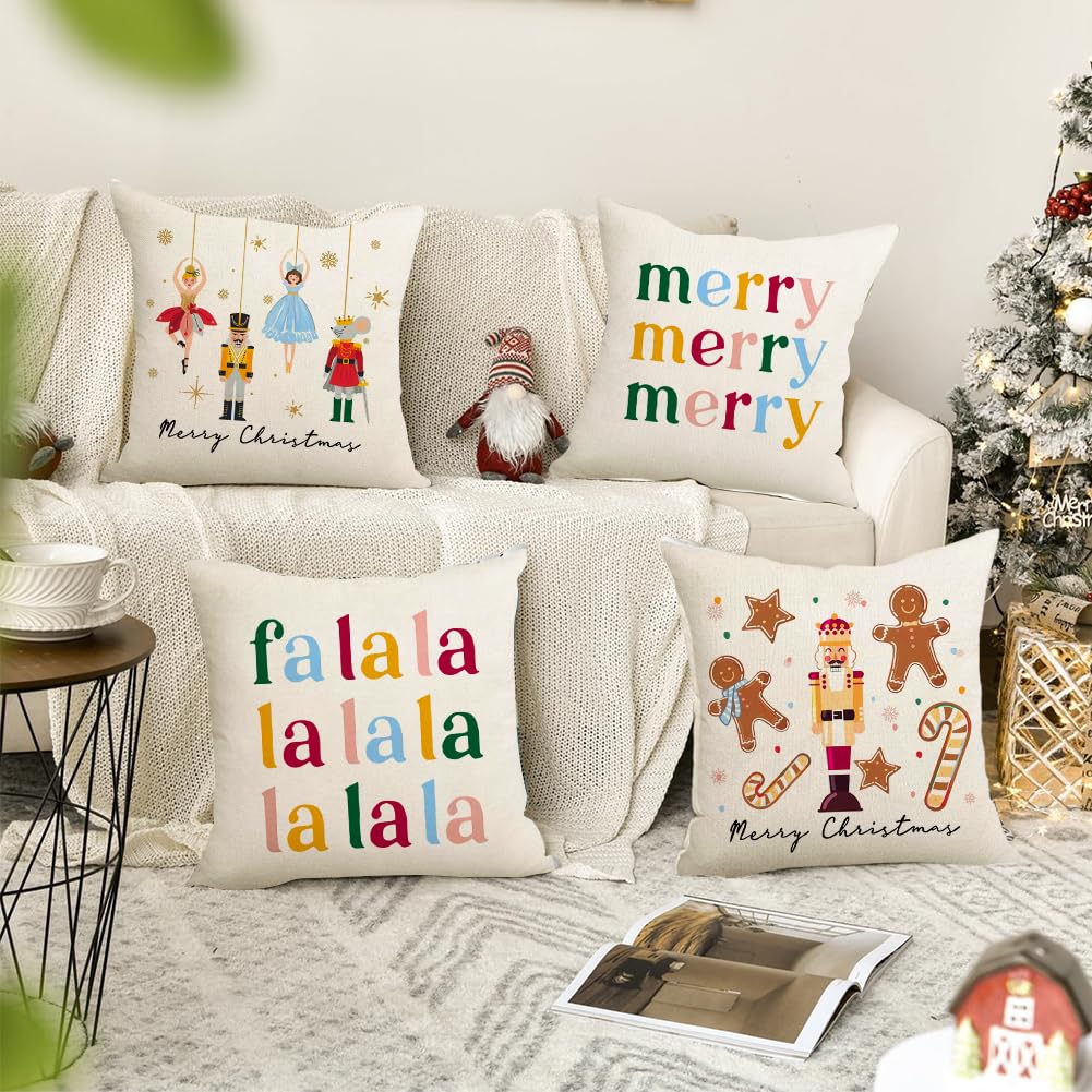 Christmas Pillow Covers 18x18 Inch Set of 4 Nutcracker Christmas Decorations Gold Gingerbread Merry Christmas Throw Pillow Cases Xmas Outdoor Winter Decor Decorative Pillows for Couch Holiday Party