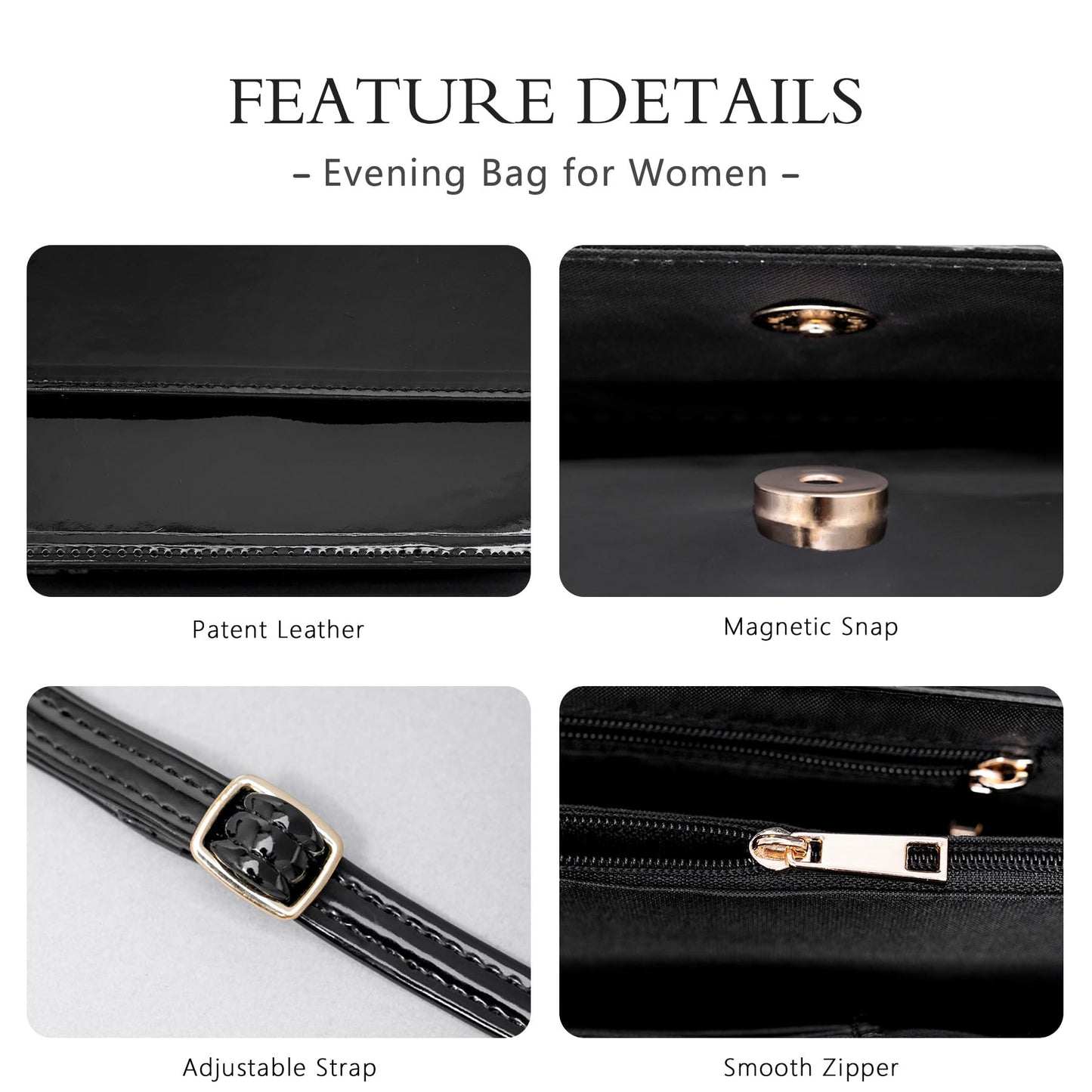 Toptime Patent Leather Evening Bag Clutch Purse for Women, Shiny Black Shoulder Bag with Adjustable Strap, Envelope Crossbody Bags Handbag with 2 Compartments for Prom Cocktail Party Wedding