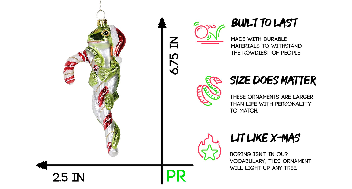 Party Rock | Lizard on Candycane Glass Ornament | X-Mas Collection