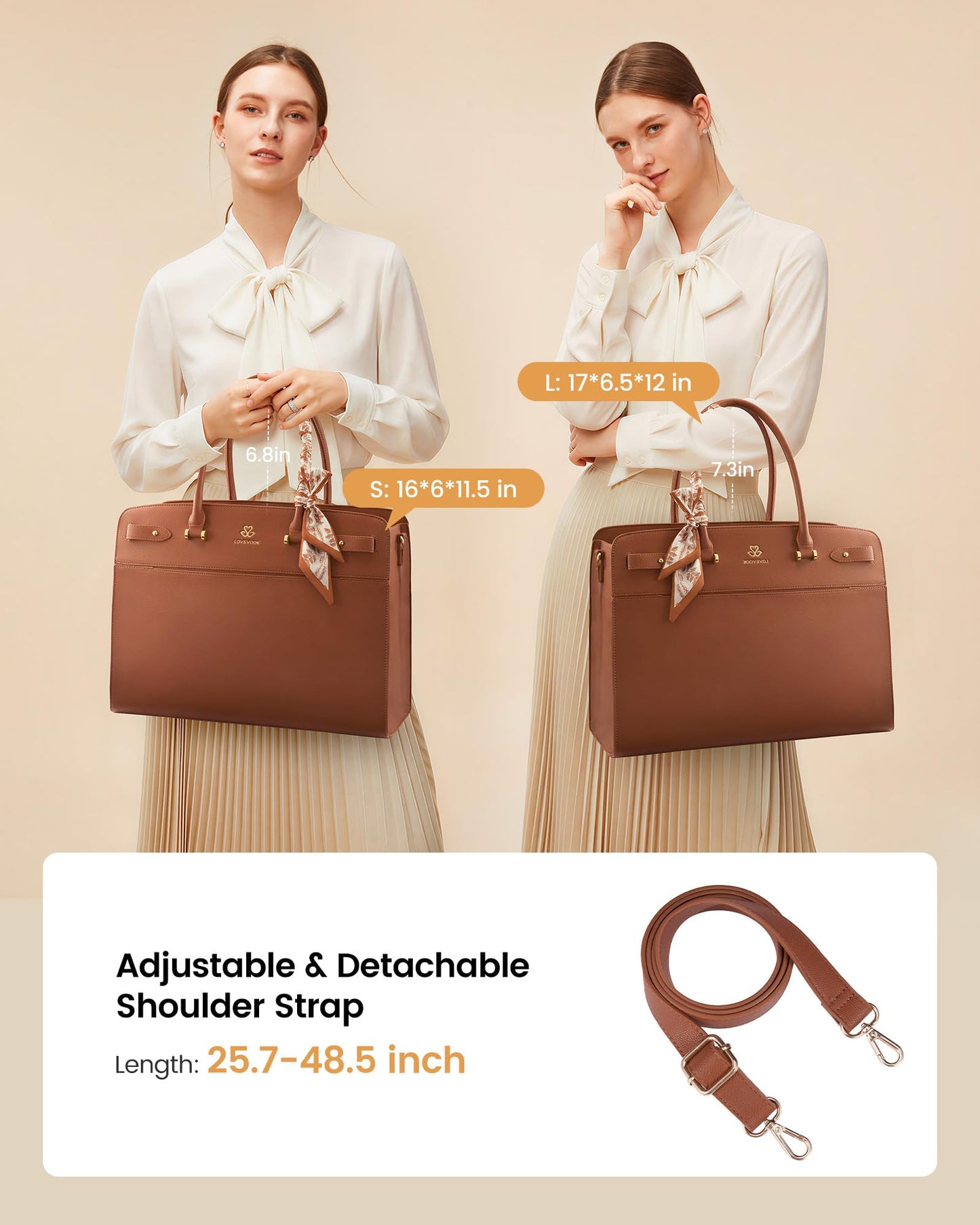 LOVEVOOK Laptop Tote Bag for Women, 17.3 Inch PU Leather Work Bag Waterproof Computer Briefcase Handbag for Teacher Business Office with Silk Scarf, Deep Brown-1