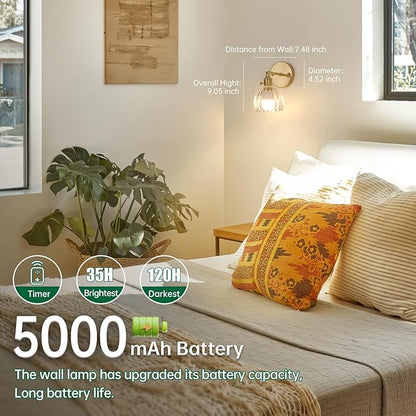 Vintage Battery Operated Wall Sconce with Clear Tulip Glass Lampshade 5000 mAh Rechargeable Battery Powered Wall Light with Remote Control for Bedside Bedroom Doorway, Set of 2