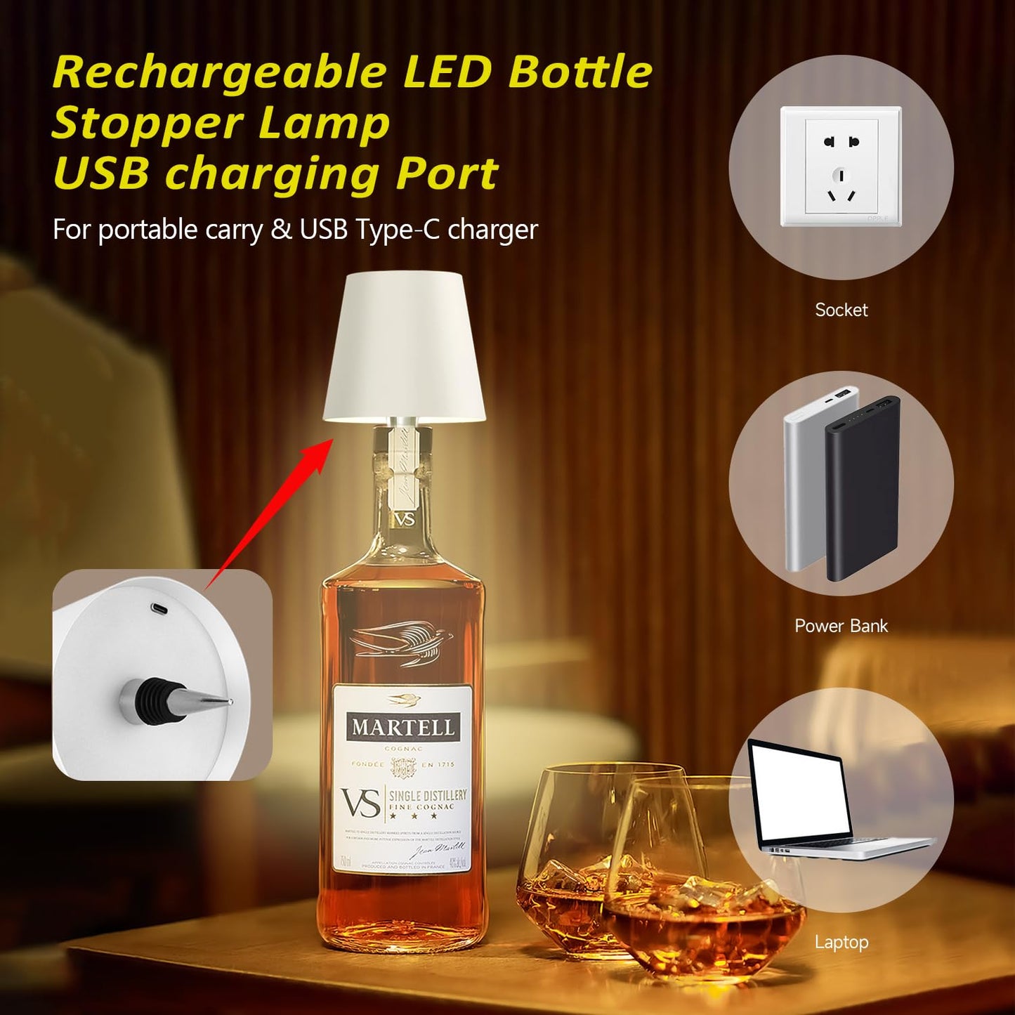 Hoide 2025 New Wireless Bottle Lamp - LED Bottle Lights for Liquor & Wine Bottles, Cordless Lampshade, Whiskey Bottle Top Light, Bottle Stopper Night Light Kit, Rechargeable 3-Tone Touch-Dimmable