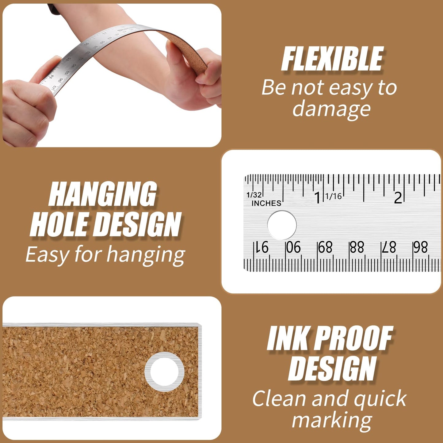 Boompark 24 Inch Metal Ruler, Stainless Steel Straight Edge Ruler with Cork Backing, Non-Slip Imperial & Metric Measuring Tool for School, Office, Woodworking, Drafting