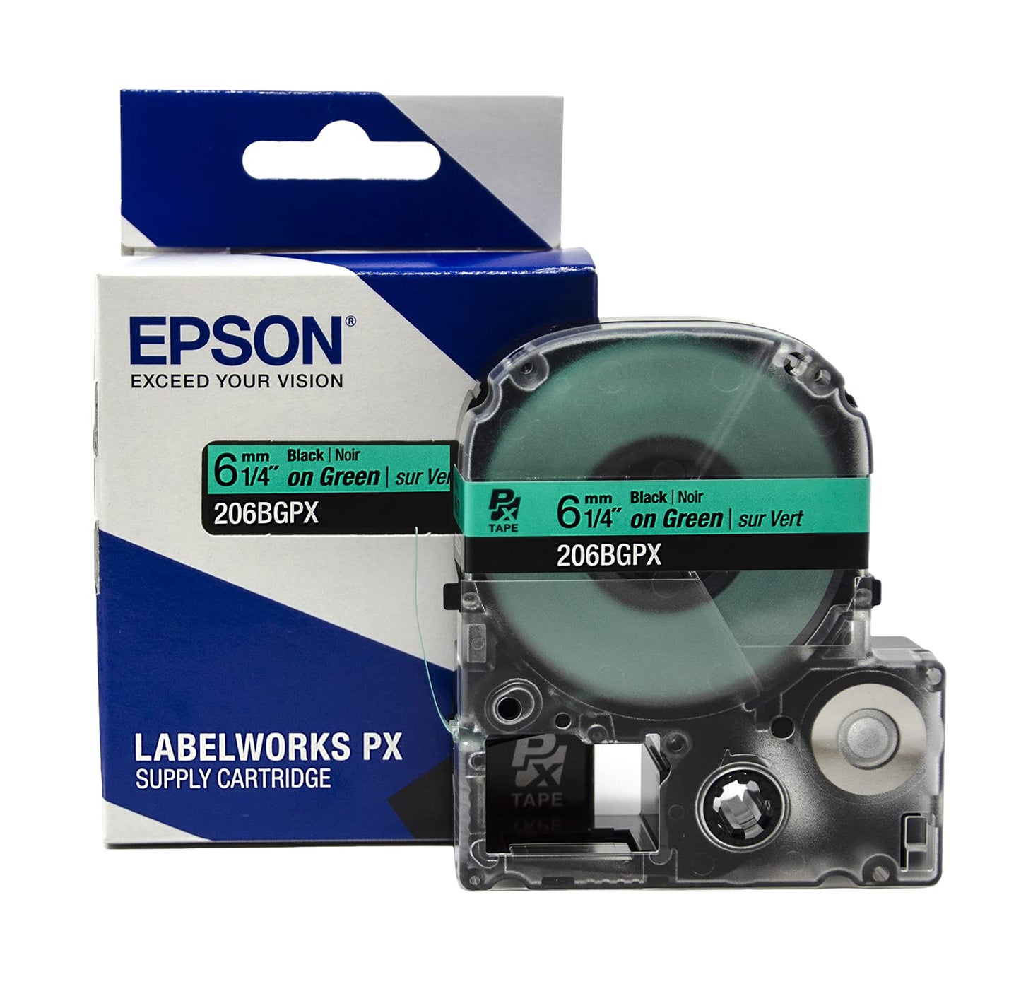 Epson LABELWORKS 206BGPX Genuine PET (Polyester) Tape Cartridge - Black on Green Label Maker Tape - 1/4" (6MM) Wide, 30'