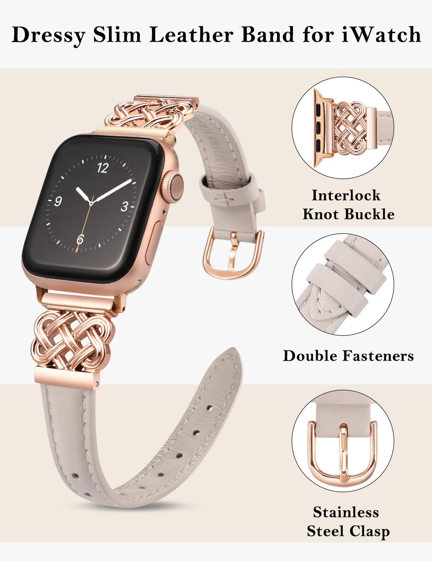 TOYOUTHS Compatible with Apple Watch Bands Women 38/40/41/42mm Dressy Slim Leather Strap with Celtic Knot Interlock Buckle Bracelet for iWatch Series 11 10 9 8 7 6 5 4 SE 3 2 1, Starlight/Rose Gold