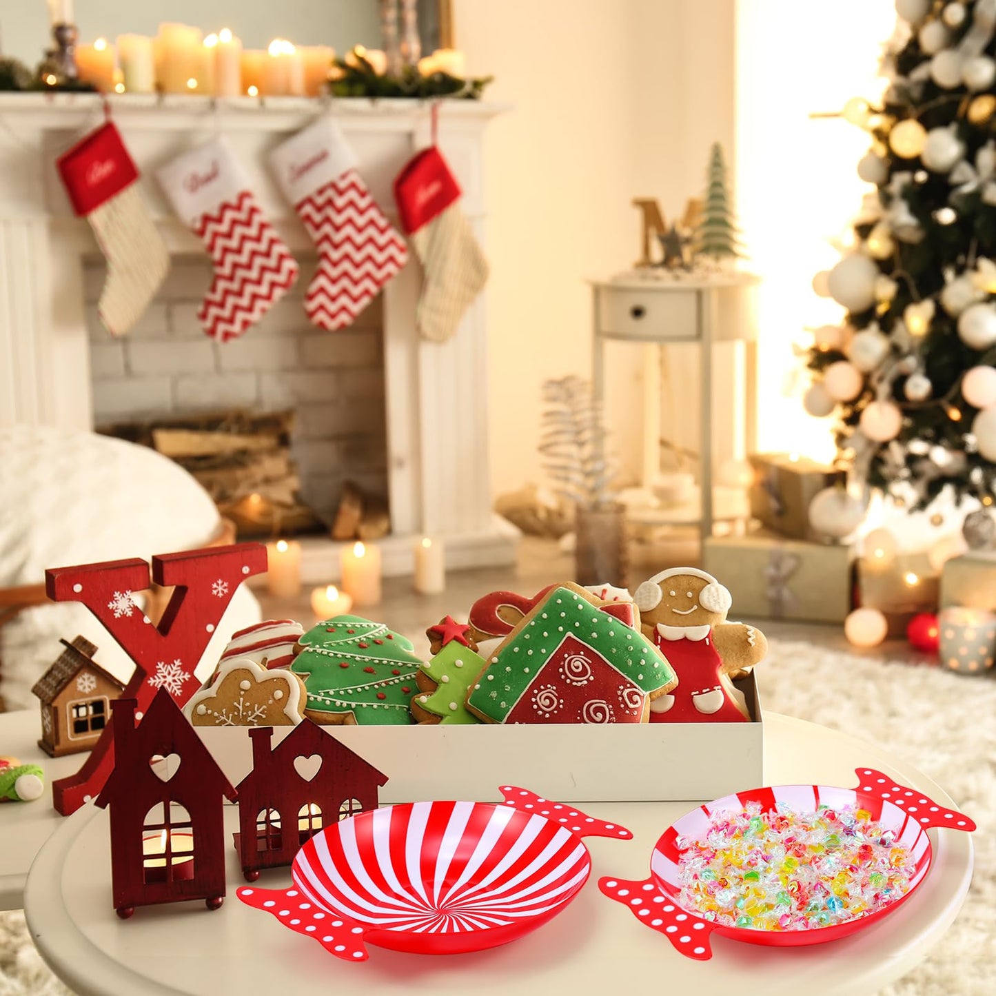 Wiwiqing 2 Pcs Christmas Peppermint Candy Tray Dishes Red Candy Platter Plastic Serving Dessert Plates Tableware Christmas Decorative Plates Dinnerware for Xmas Holiday Party Favor (Red)