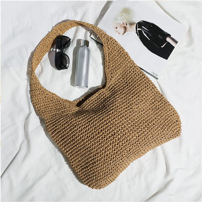 QTKJ Hand-woven Soft Large Straw Shoulder Bag Boho Straw Handle Tote Retro Summer Beach Bag Rattan Handbag