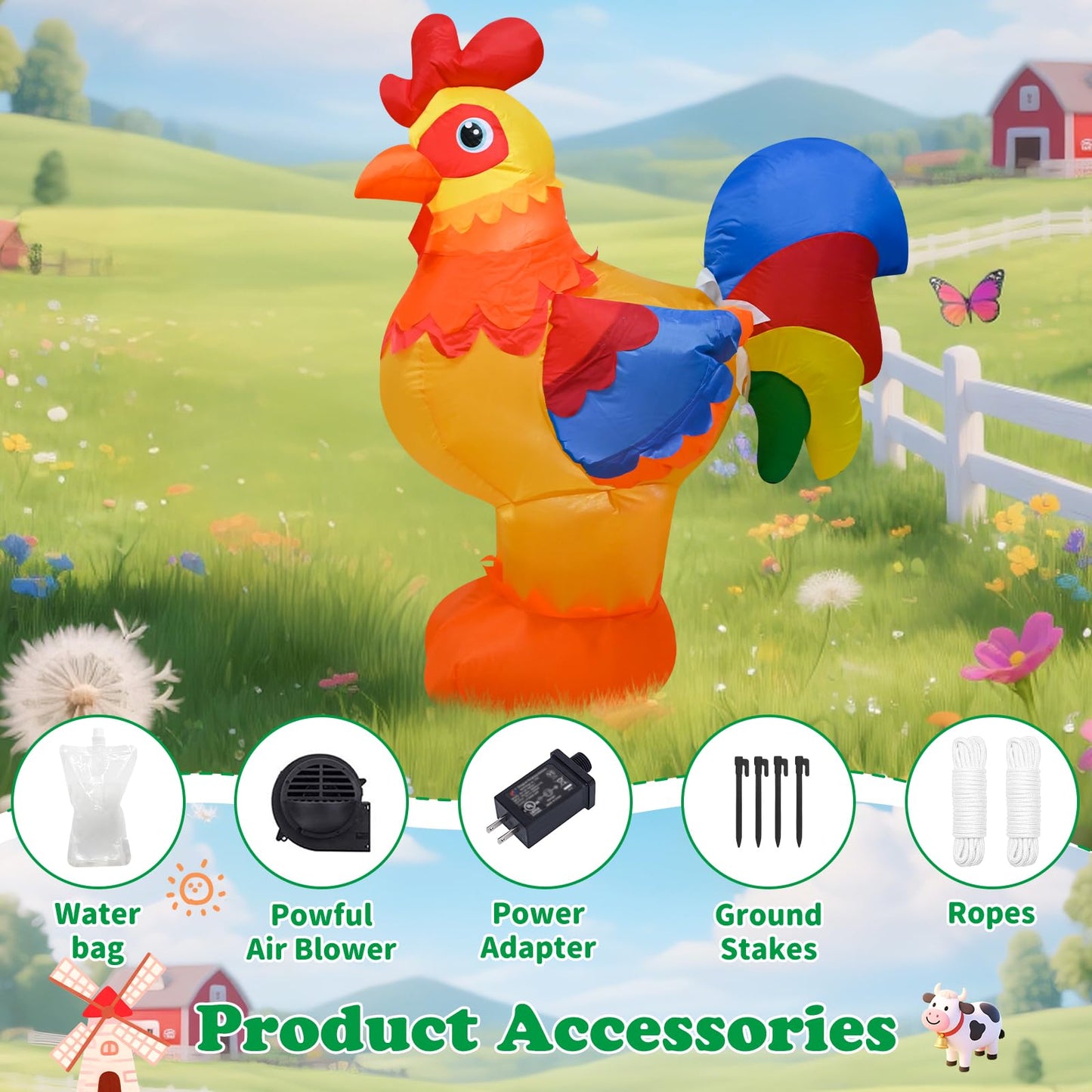 4FT Inflatables Christmas Spring Farm Ranch Blow up Animals Cute Rooster Decorations with LED Light Indoor Outdoor Yard Graden Party Lawn Holiday Decor