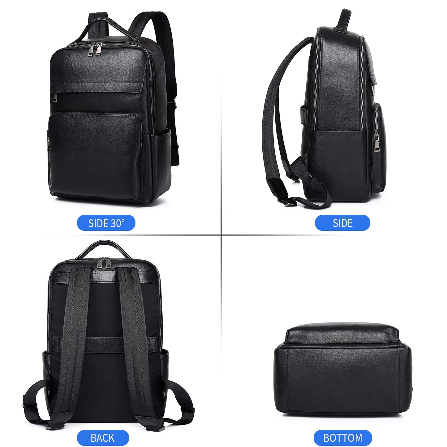 Wesccimo Veg-Tan Genuine Leather Backpack for Men Multi-Functional 15.6" Laptop Backpack, Black Business Travel Luxury Backpack Work Daypack