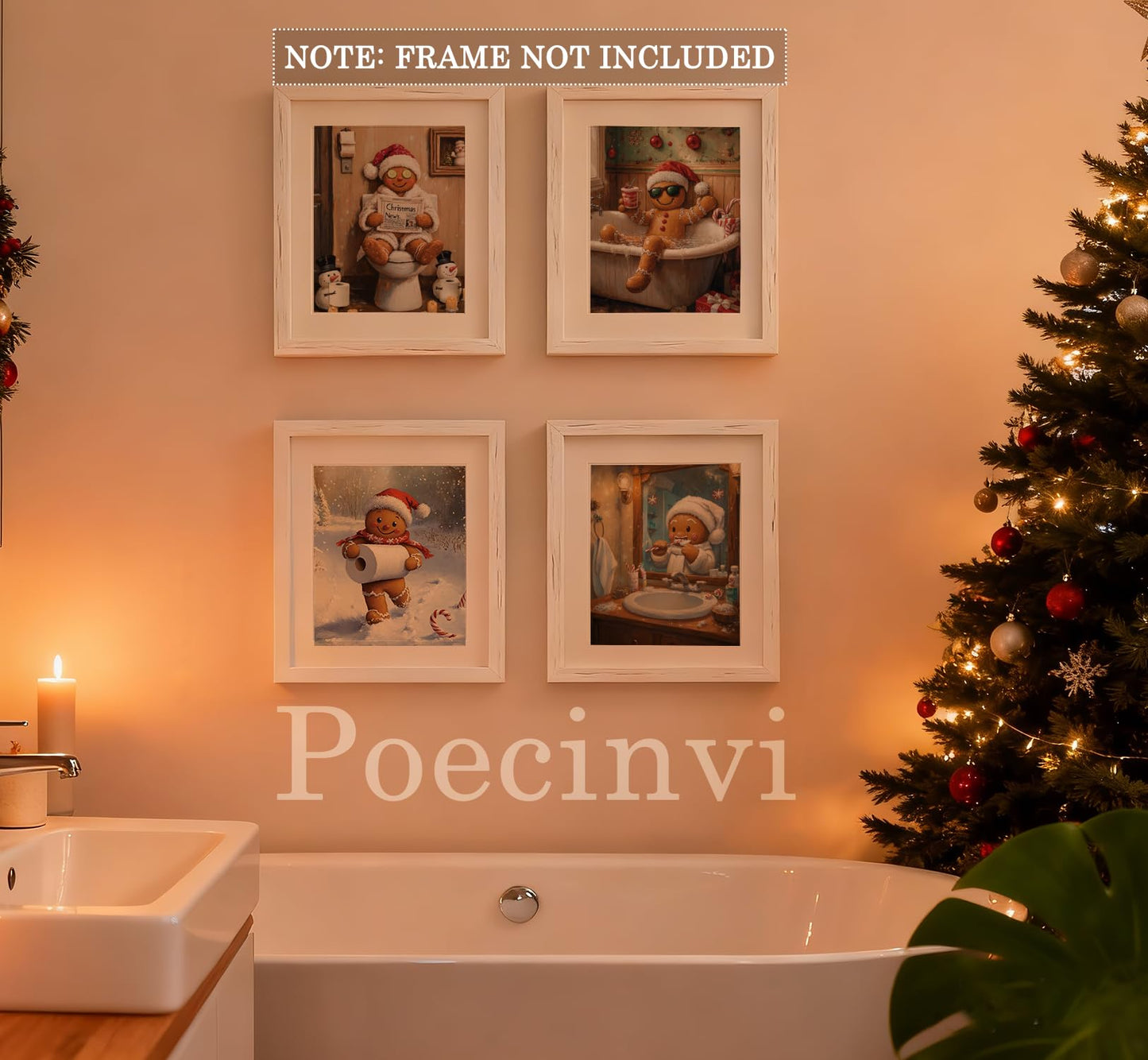Poecinvi Funny Christmas in July Gingerbread Man Bathroom Wall Art Prints Set of 4, Funny Christmas Bathroom Decor, Gingerbread Man Posters Pictures Wall Decor for Bath Room Washroom, 8x10 Unframed