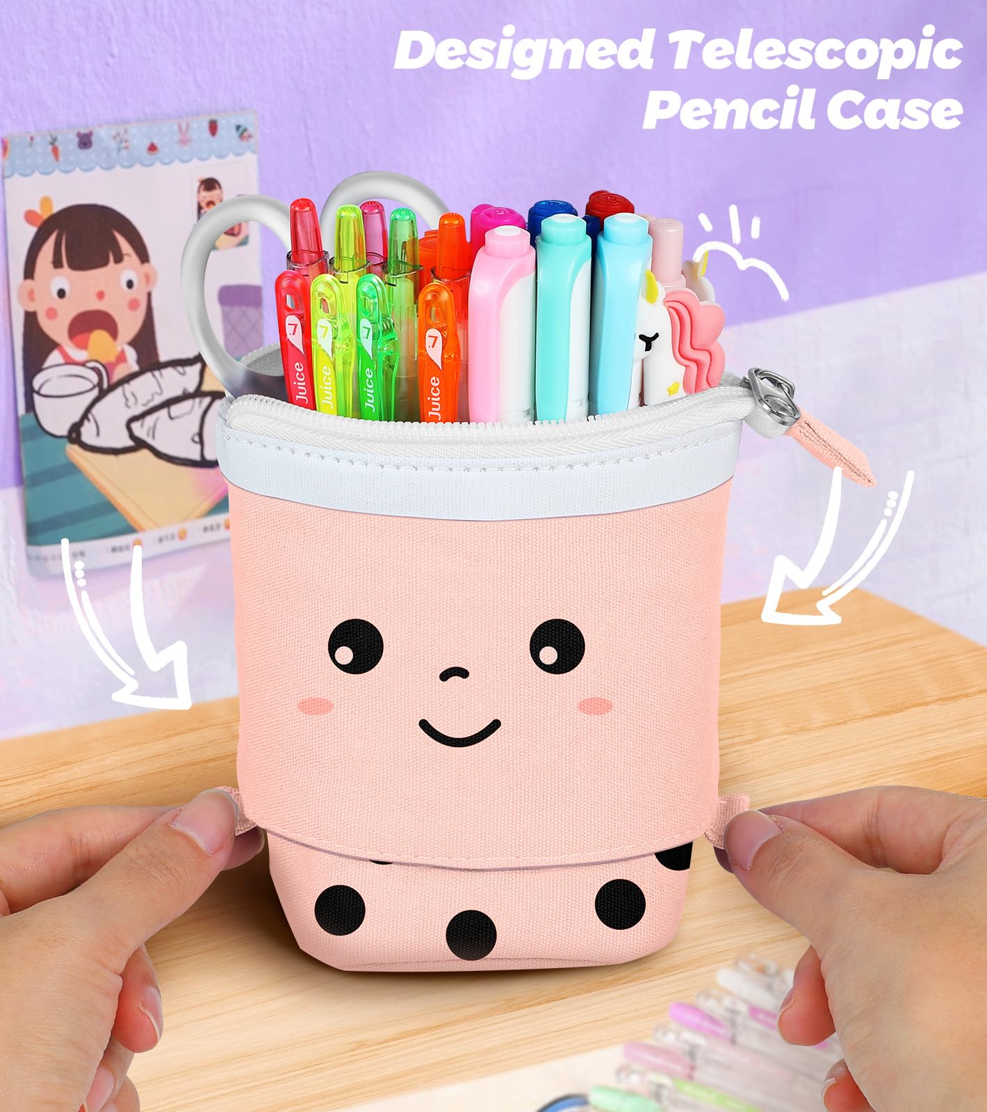 LISEVO Cute Pencil Case for Girls, 9 in 1 Set Boba Standing Up Pencil Bag Pouch Holder for Students Teens, Japanese Back to School Supplies Stationary Bags Set, Pen Holder Box Choice for Girls