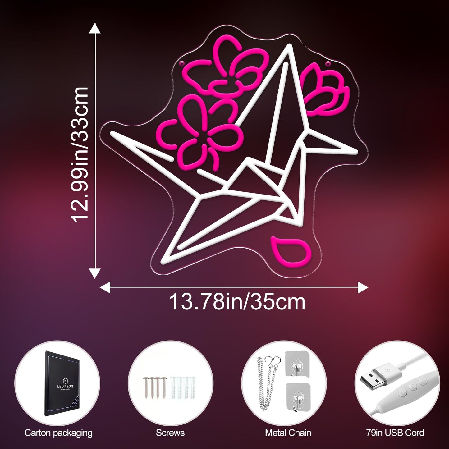 Origami Paper Crane Neon Sign, Flower Crane LED Neon Sign Wall Decor for Bedroom Living Room, Neon Signs for Wall Decor Aesthetic Gift for Her 13.8” × 13”