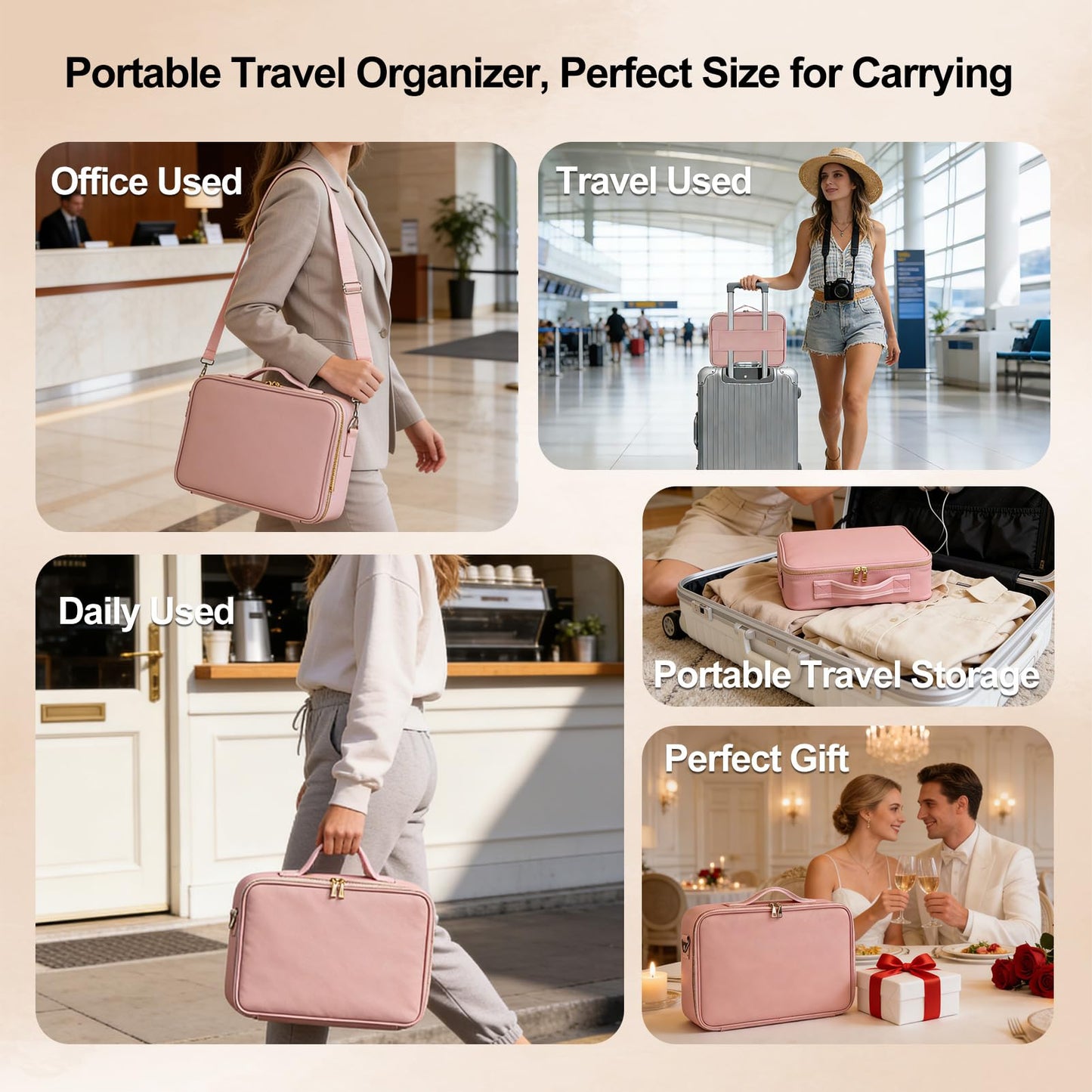 Travel Makeup Bag with Brush Holder, Professional Cosmetic Train Case Organizer, Portable Travel Makeup Brush Carry Case Artist Storage Box with Adjustable Dividers and Shoulder Strap, Leather Pink