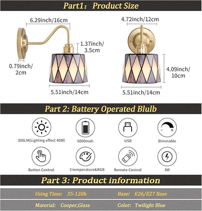 Vintage Battery Operated Wall Sconce Set of 2, 5000mAh Rechargeable Wall Lamp 12 RGB Colors Dimmable, Gold Lights Fixture for Bedroom Bathroom Living Room Hallway Twilight Blue Checker