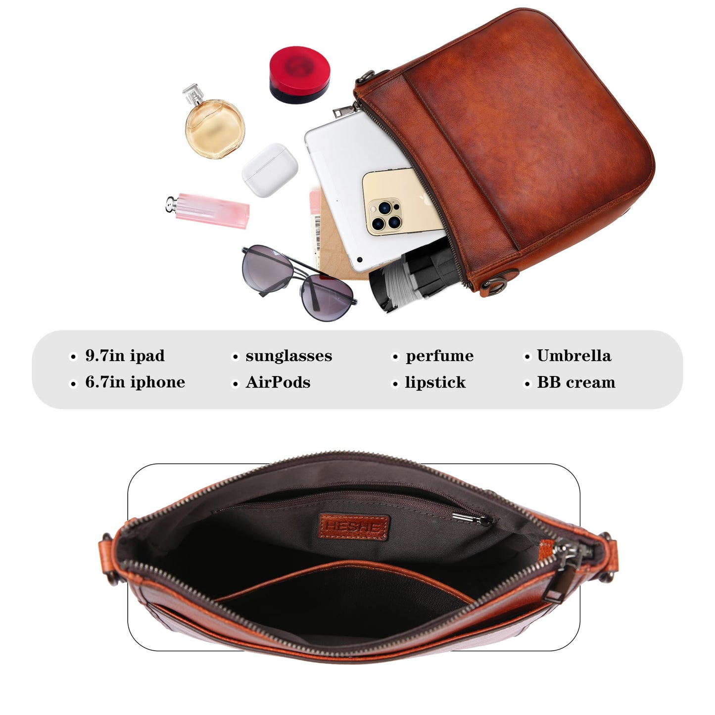 HESHE Shoulder Bag for Women Brown Leather Purse with Pockets Hobo Crossbody Bags Vintage Satchel Purse Work Bag(Brown)