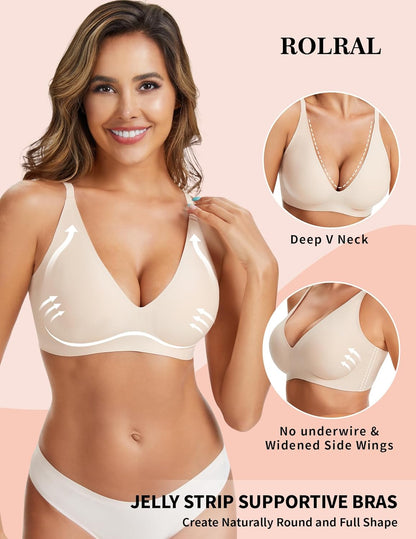 Jelly Buttery Soft Comfortable Bra for Women, Wireless Push Up Deep V Plunge Bra for Seamless Support and Lift
