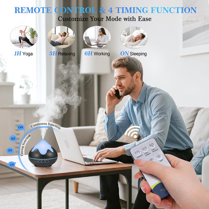 Essential Oil Diffuser for Home 500ML, Ultrasonic Large Diffuser Oil Machine with Remote Control, Aromatherapy Diffusers for Home Office Room, Aroma Diffuser with 14 Color LED & 2 Mist Mode, Brown