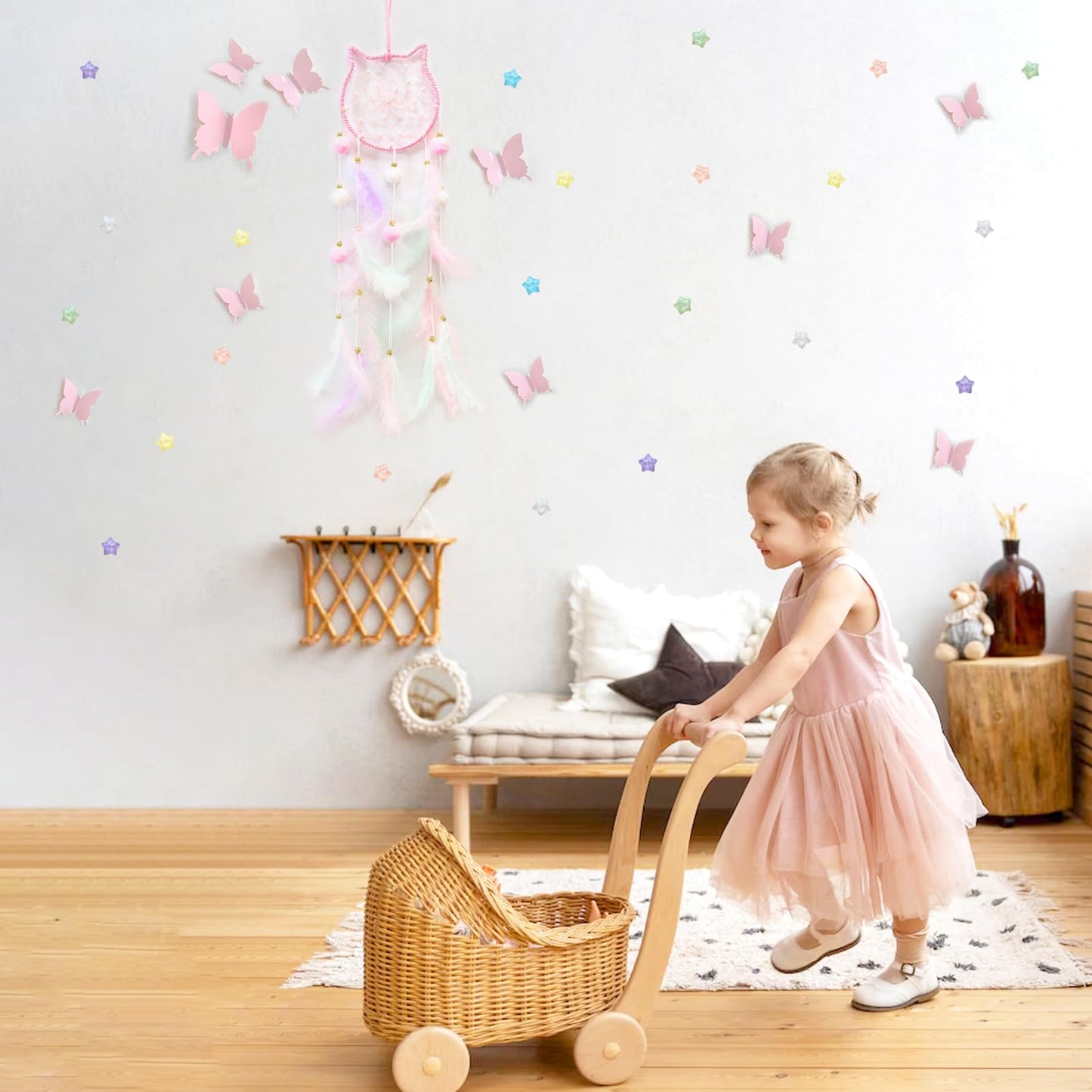 Fun-Plus Pink Dream Catcher Wall Hanging Set - 10 Butterflies & 16 Stars, Boho Room Decor for Girls, Easy Peel & Stick Wall Art for Bedroom, Nursery, Teen Room for Daughter, Birthday, Christmas