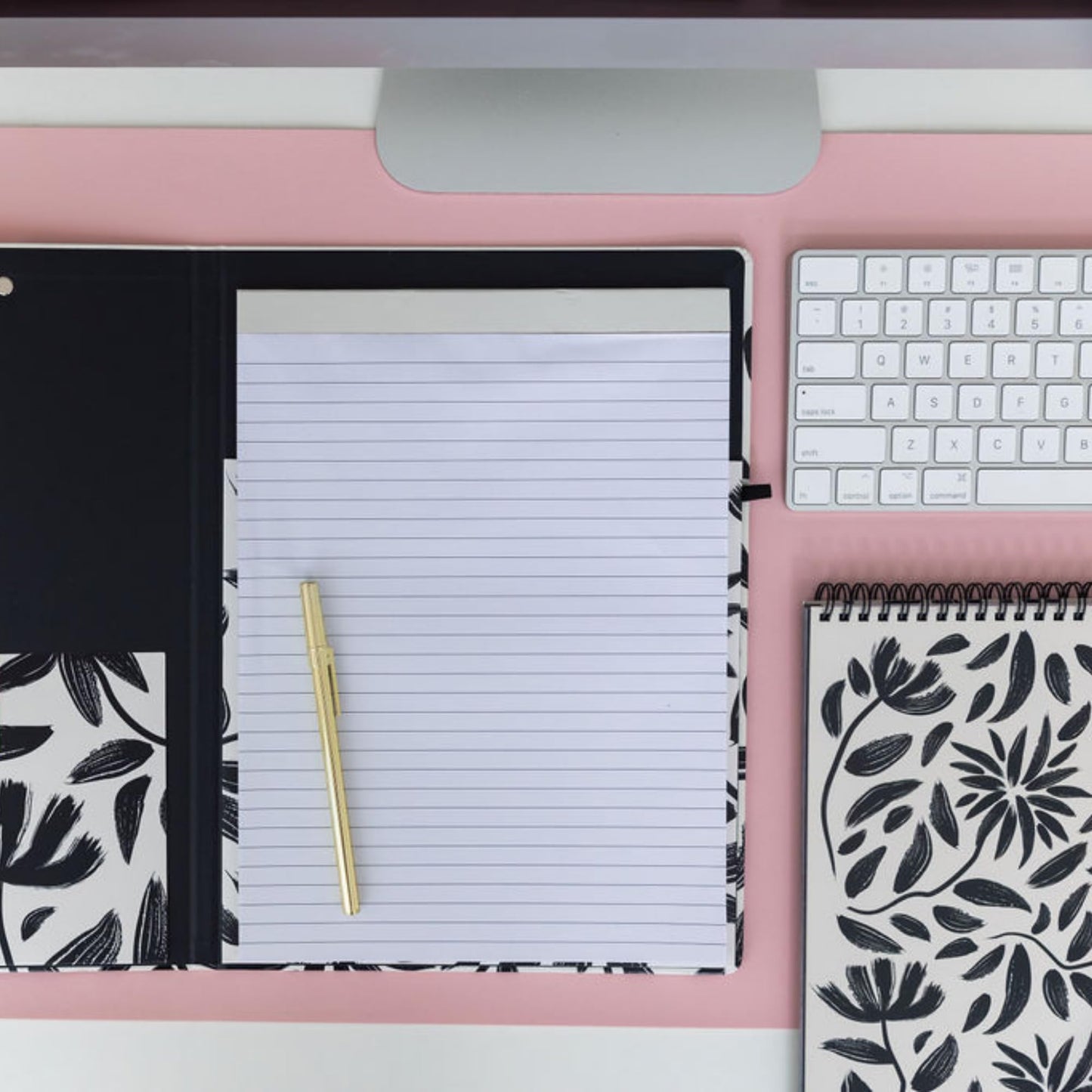 Steel Mill & Co Cute Clipboard Folio with Refillable Lined Notepad and Interior Storage Pocket, Padfolio for Work/Nursing/Teachers, Hand Drawn Black Floral