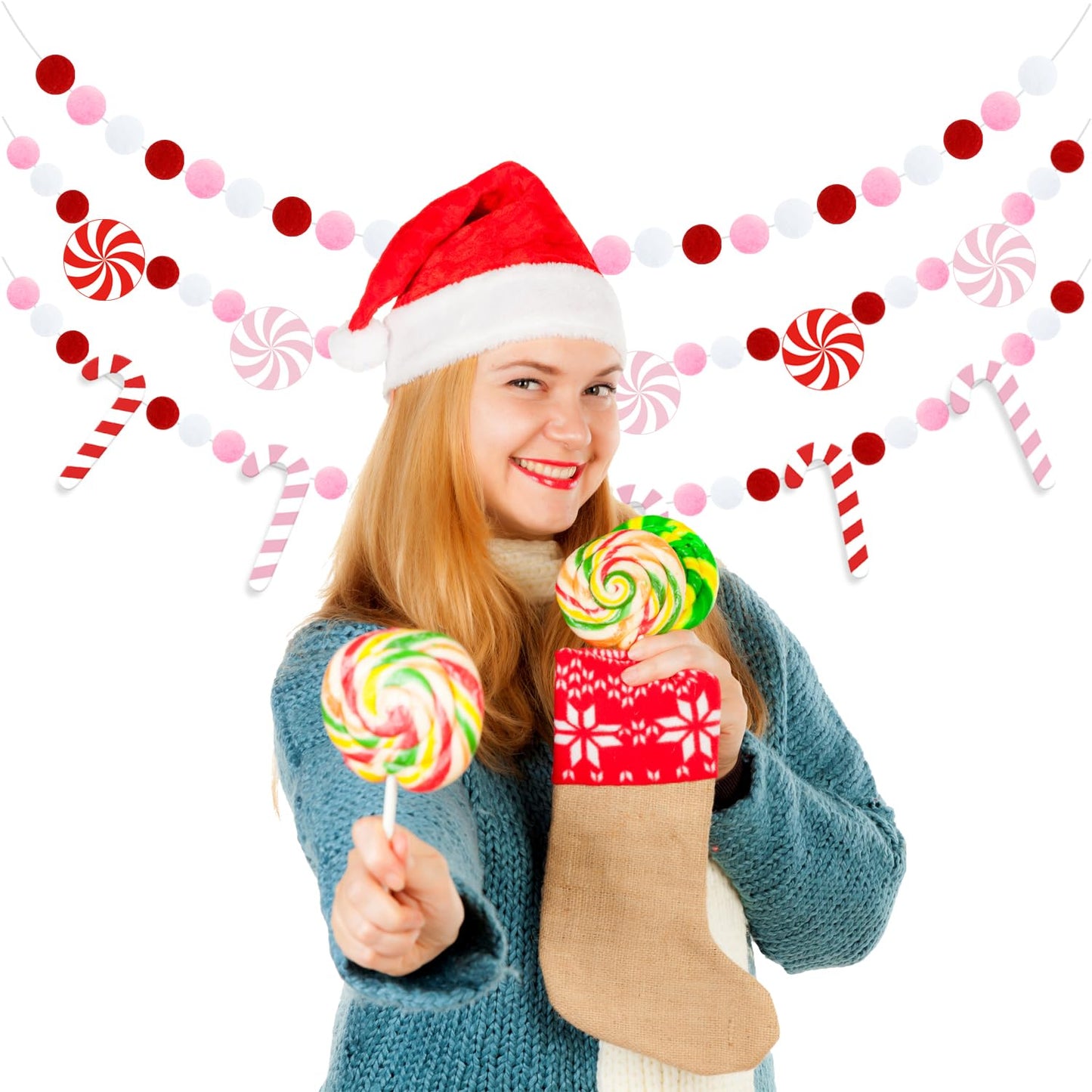 Doumeny 3Pcs Christmas Felt Ball Garland Candy Cane Felt Bunting Banner Candy Peppermint Pompom Bunting Garland Xmas Pink White Party Banner Winter Hanging Banner for Home Christmas Tree Wall Decor