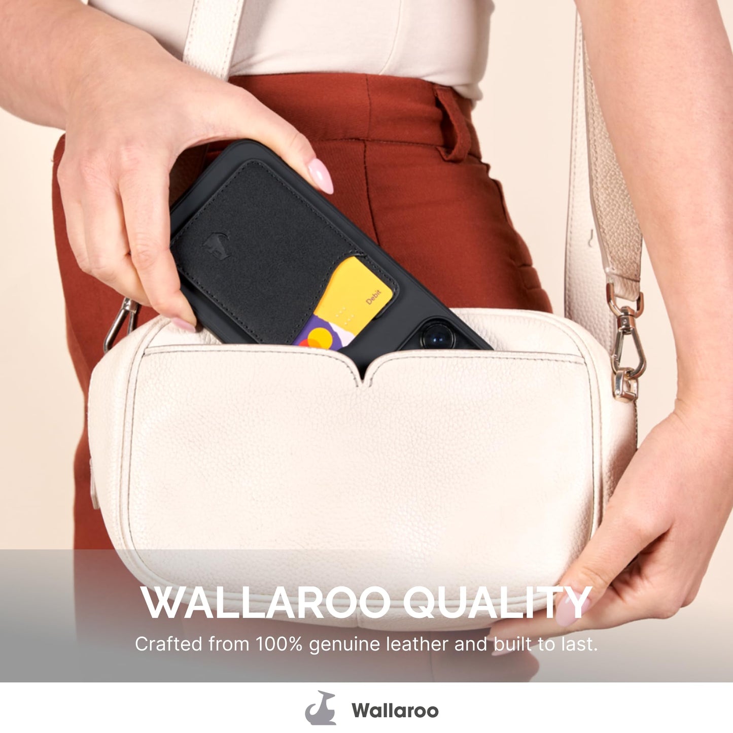 Wallaroo Premium Leather Cell Phone Wallet Stick On - Android and iPhone Wallet and Card Holder for Women and Men - Durable with Non-Slip Lining Secures Up to 3 Cards