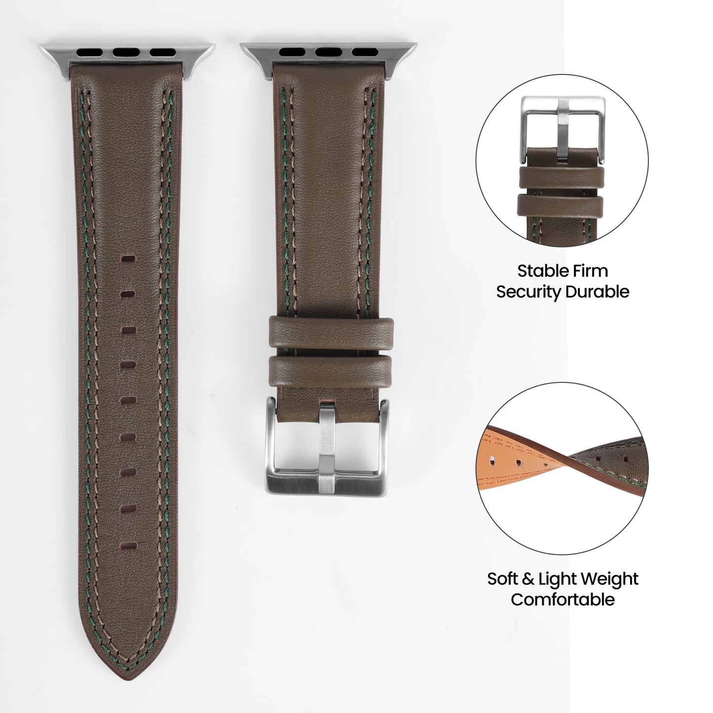 Soft Genuine Leather Band for Apple Watch 49mm 46mm 45mm 44mm 42mm - Women/Men Vintage Retro Replacement Wristband Strap with Metal Buckle for iWatch Ultra 3/2/SE/Series 11/10/9/8/7/6/5/4/3 - Grey