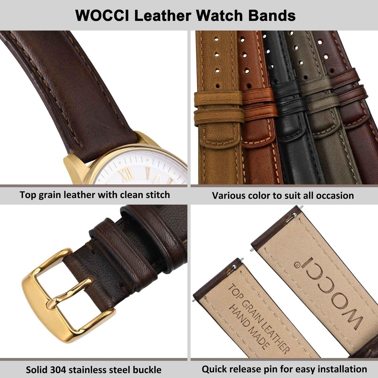 WOCCI 20mm Watch Band for Men and Women, Genuine Leather - Top Grain Leather, Quick Release Strap, Golden Buckle (Dark Brown)