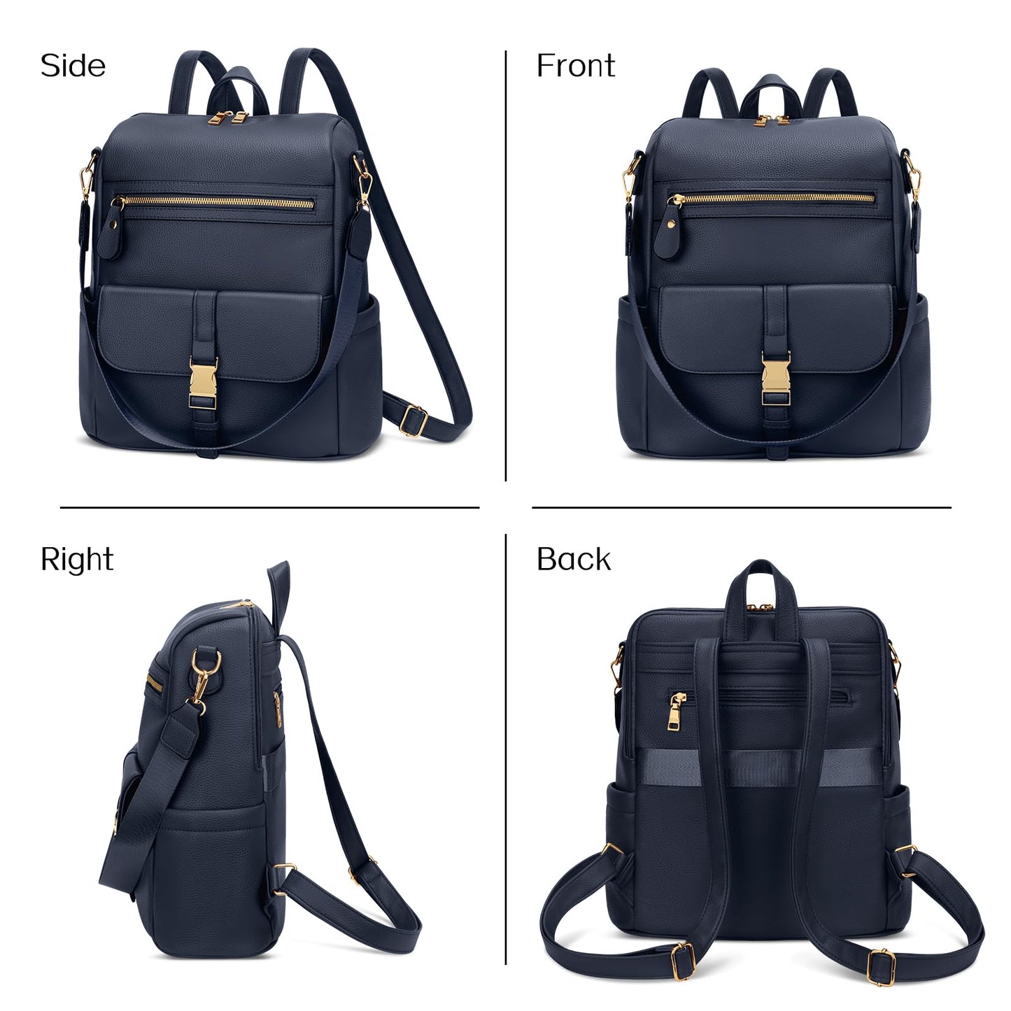 KKXIU Backpack Purse for Women - Multi-pocket Leather backpack for Travel, Work & School with Anti-Theft Lock Pocket, Luggage Strap & Water Bottle Pockets - 13x14x5.2 Inch (Navy)