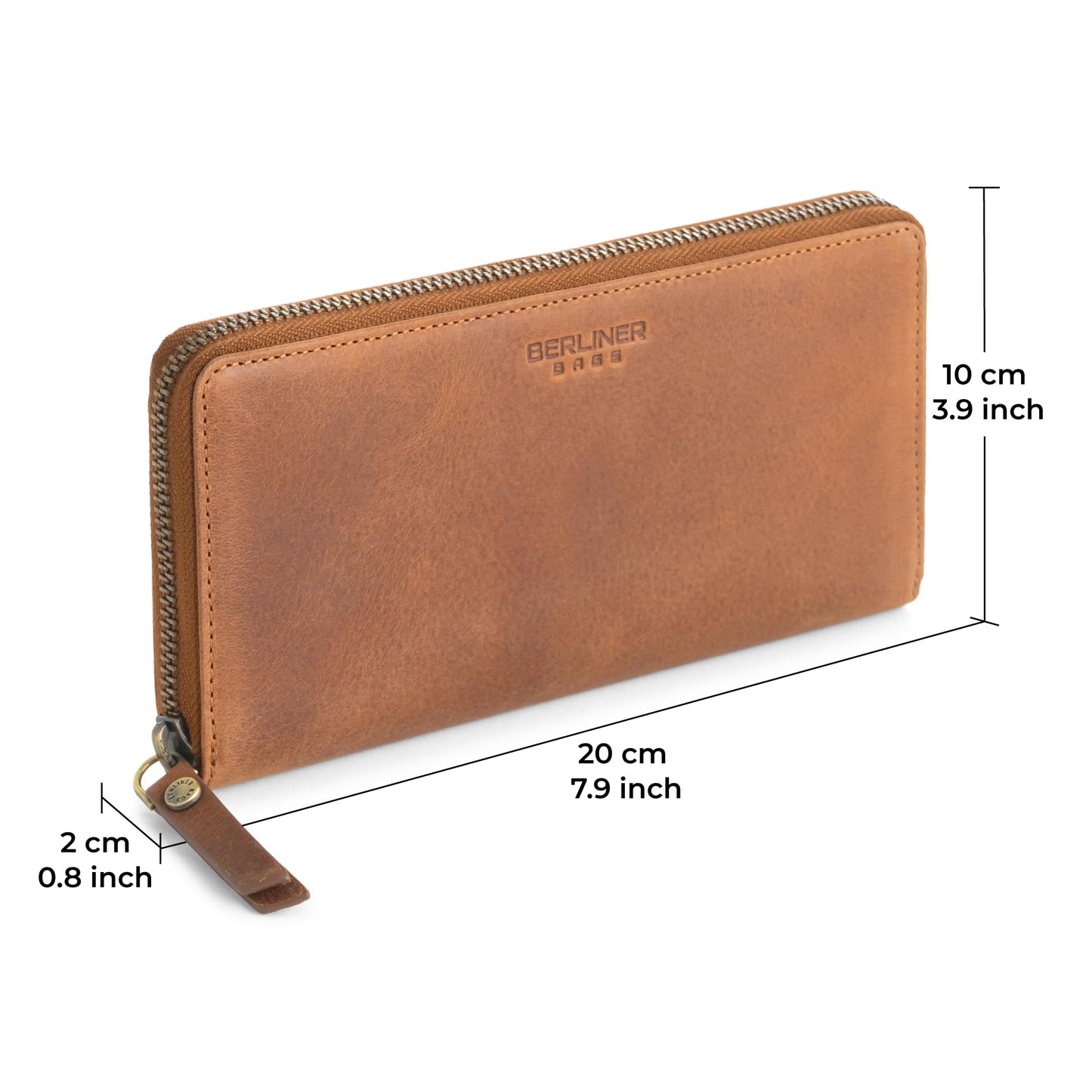 BERLINER BAGS Vintage Genuine Leather Wallet Margo, RFID Blocking Credit Card Holder, Slim Womens Wallet, Zip Around Wallet for 13 Cards and ID window, Bills, Coins - Brown