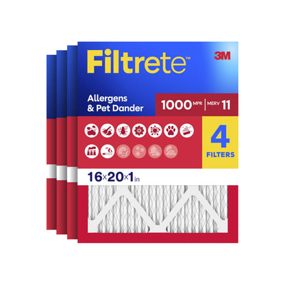 Filtrete 16x20x1 Air Filter, MERV 11, MPR 1000, Allergens & Pet Dander, 3-Month AC and Furnace Filters, Cleaner Air, Reliable Airflow, 4 HVAC Filters (Actual Size 15.68 x 19.68 x 0.81 in)